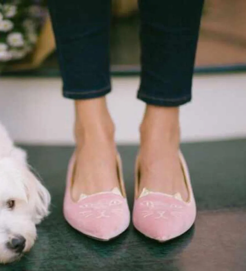 Charlotte Olympia Mid Century Kitty Cat Pink Velvet Pointed Flat EU 36 US 5.5-6 - Image 12
