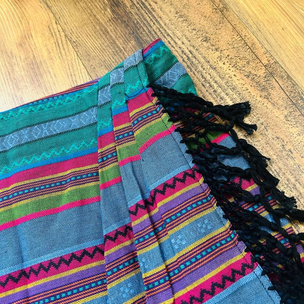90s Vintage Boho Mini Skirt Aztec Striped Fringe Pleated Cotton Colorful Large Blue - Image 6