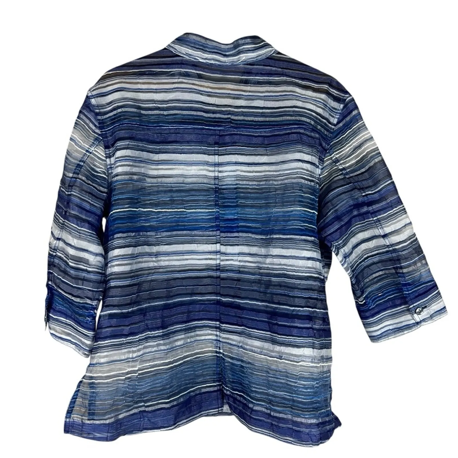 Chicos Button Down Shirt Womens L Blue Striped Crinkle 3/4 Sleeve Sheer Coastal - Image 4