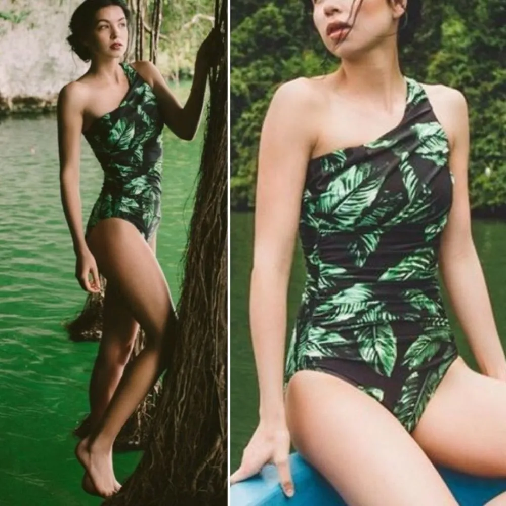 Albion Fit Rio One Shoulder Swimsuit Size Small Black Green Tropical One Piece - Image 13