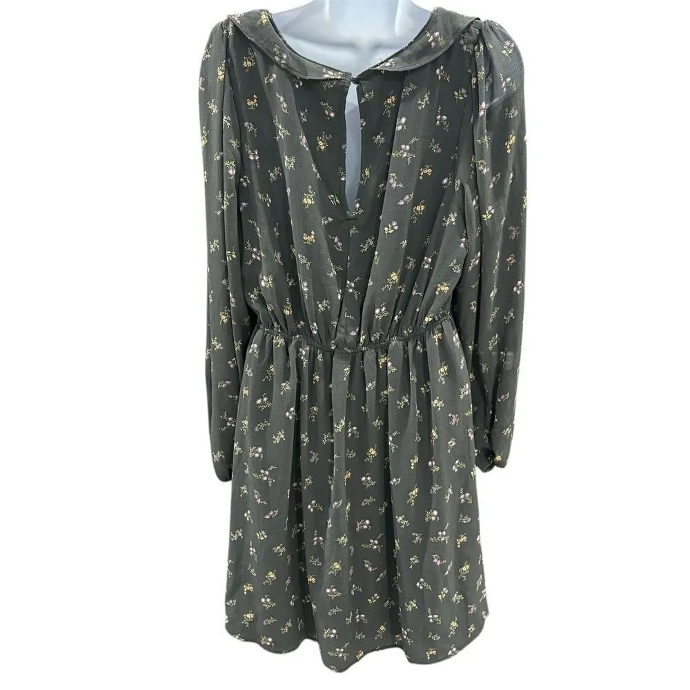 American Eagle SZ Large Ditsy Black Floral Dress Purple Ruffle Bell Sleeves Boho - Image 3