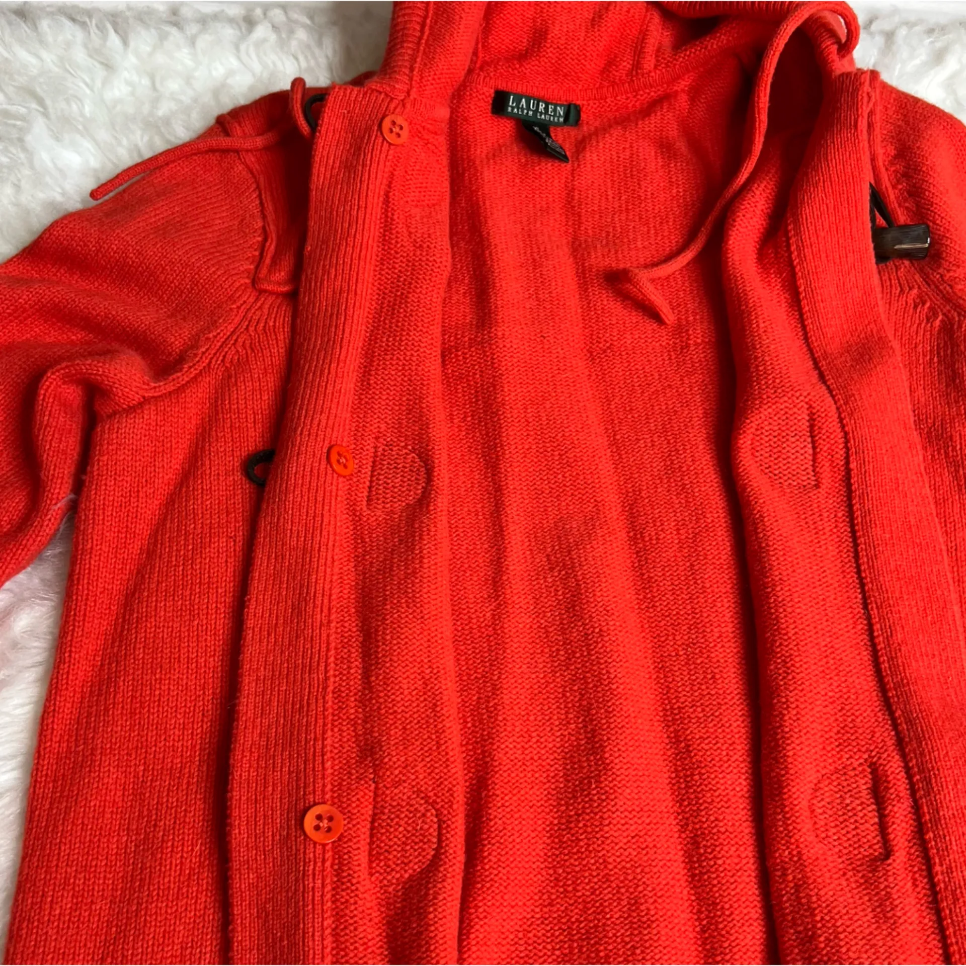 Lauren Ralph Lauren Lamb’s Wool Hooded Sweater Coat Horn Toggle Buttons Wmns XL - Image 6