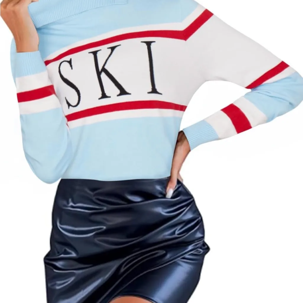 Light Blue and Red Women's Crew Neck Sweater Size XL - Image 2