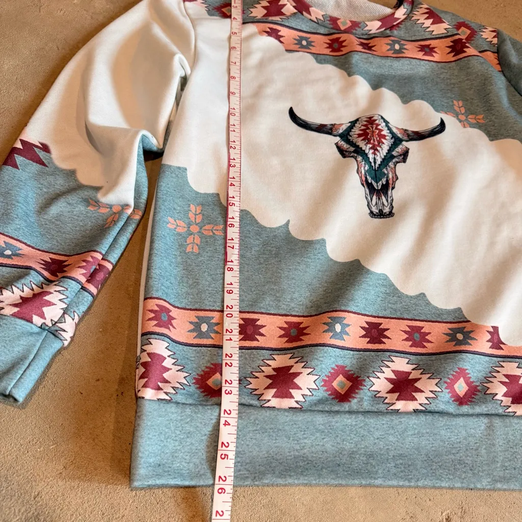 Source Unknown  Bull Skull Sweatshirt - Blue and Pink - Image 9