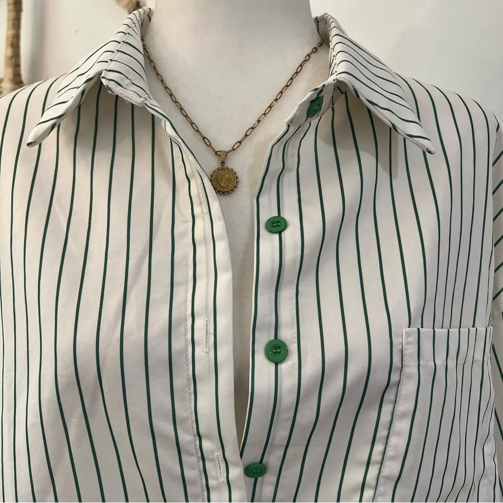 Striped Button Down Shirt Green Buttons Bunny Patch Back XL Oversized Streetwear White - Image 3