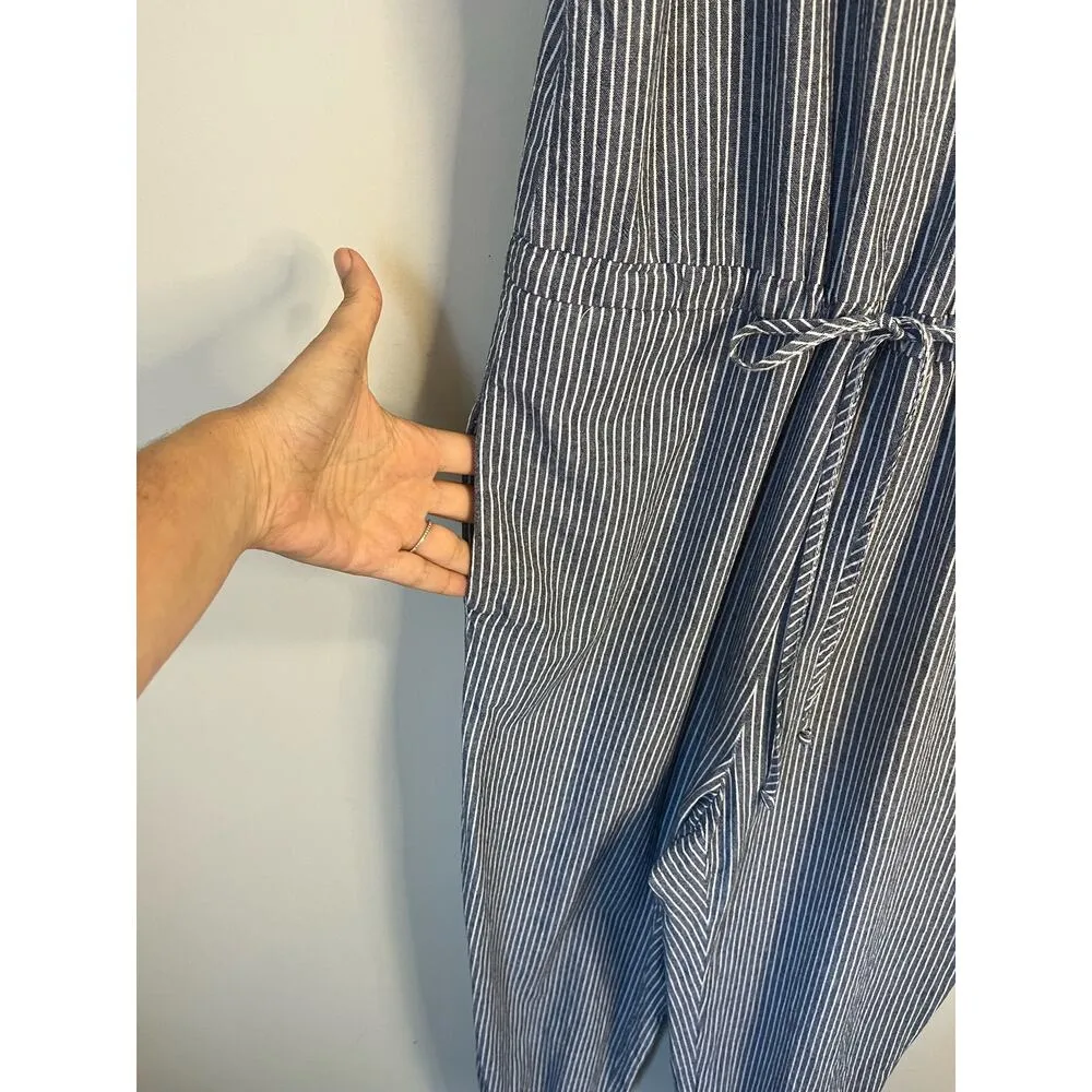 DREW Anthropologie Pin Stripe Blue Ivory Jumpsuit Pockets Criss Cross Back sz. M - Image 4