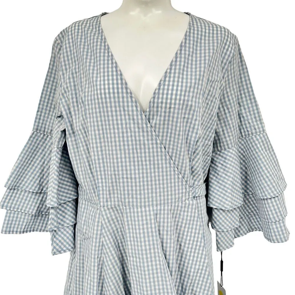 CALVIN KLEIN $118 Light Blue White Gingham Check True Midi Wrap Dress Size 4 NEW - Image 13