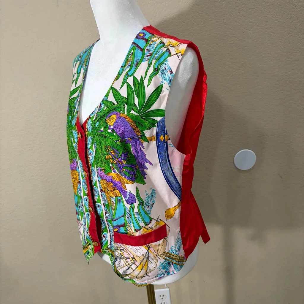 Vtg Jerri Sherman 100% SILK Flora Peacock Bohemian Vest Sz 10 Boho Retro Funky Red - Image 3