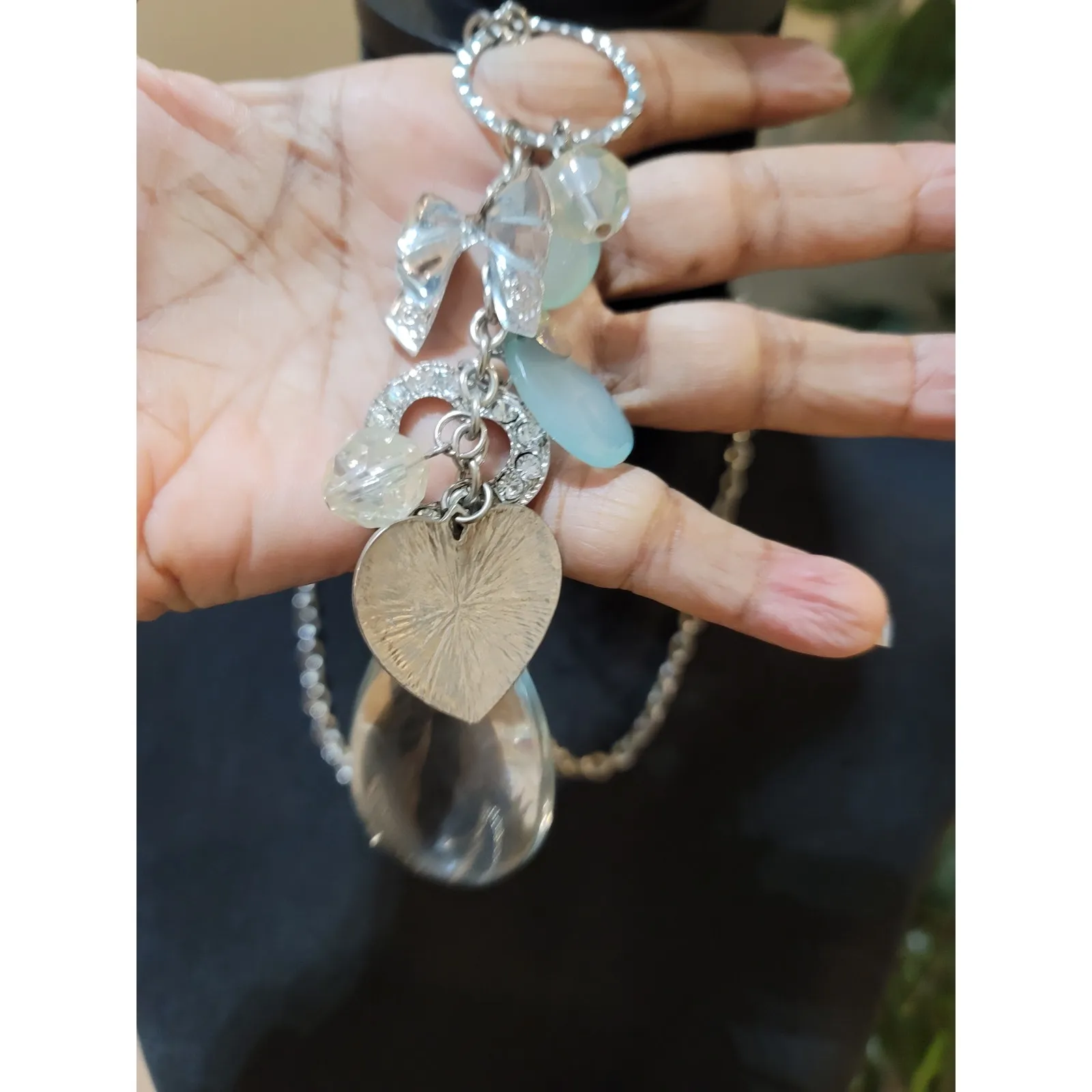 Women's Silver Clear Teardrop Pendant Necklace With Oval Lock Bow Charm - Image 4