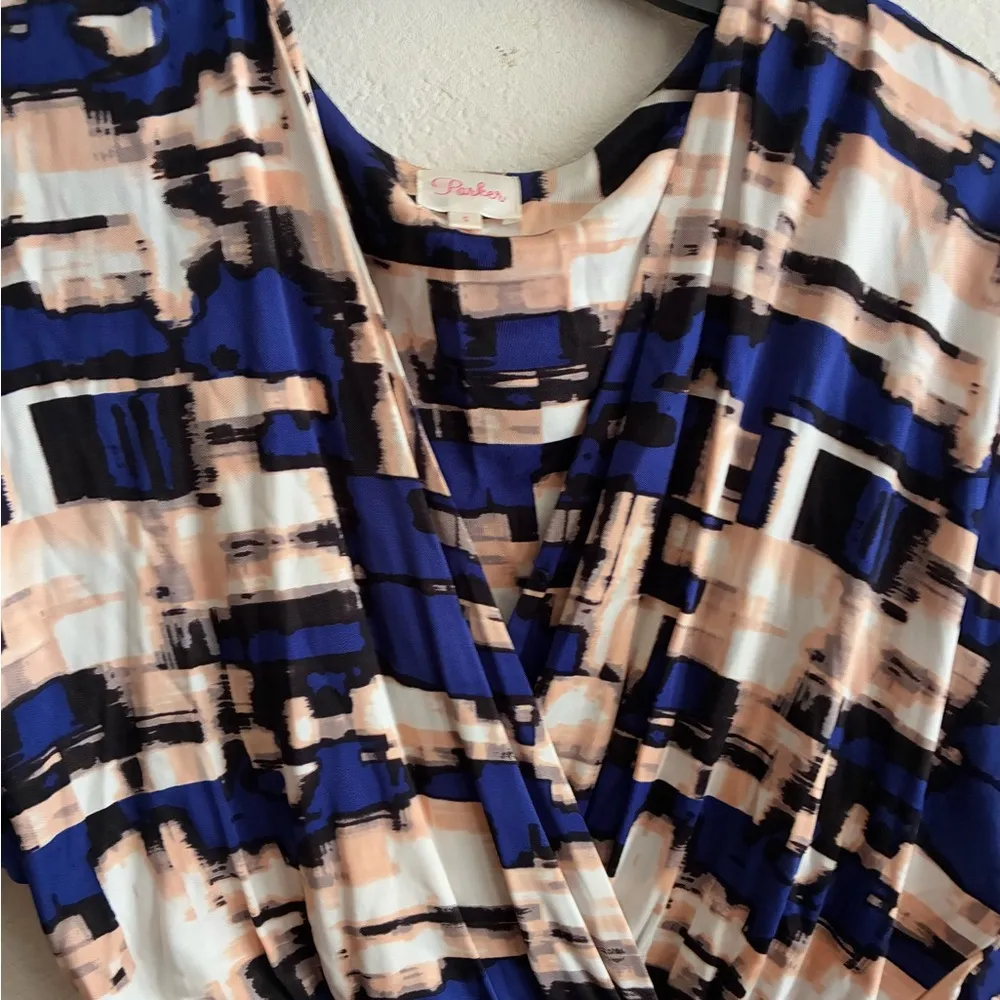 Parker Blouson Catalina Dress Stretch Drape Faux Wrap Watercolor Dolman Sleeve S - Image 7