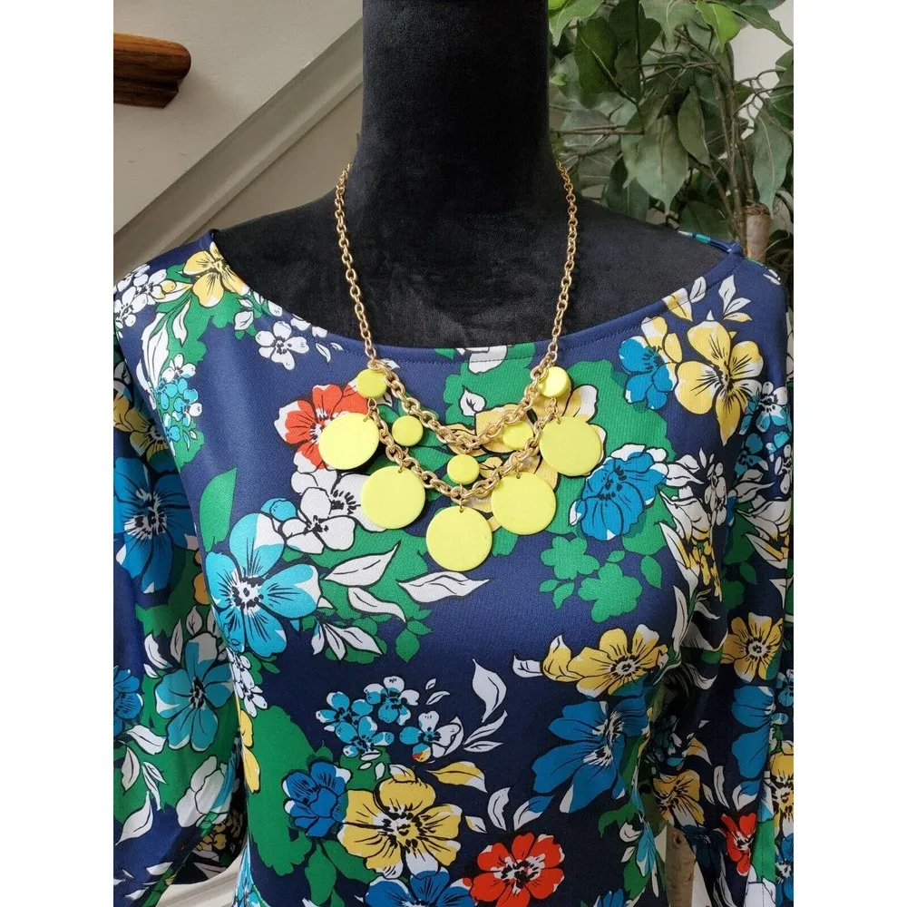 Women's Blue Floral Polyester Round Neck Long Sleeve Casual Knee Length Dress M Size M - Image 2