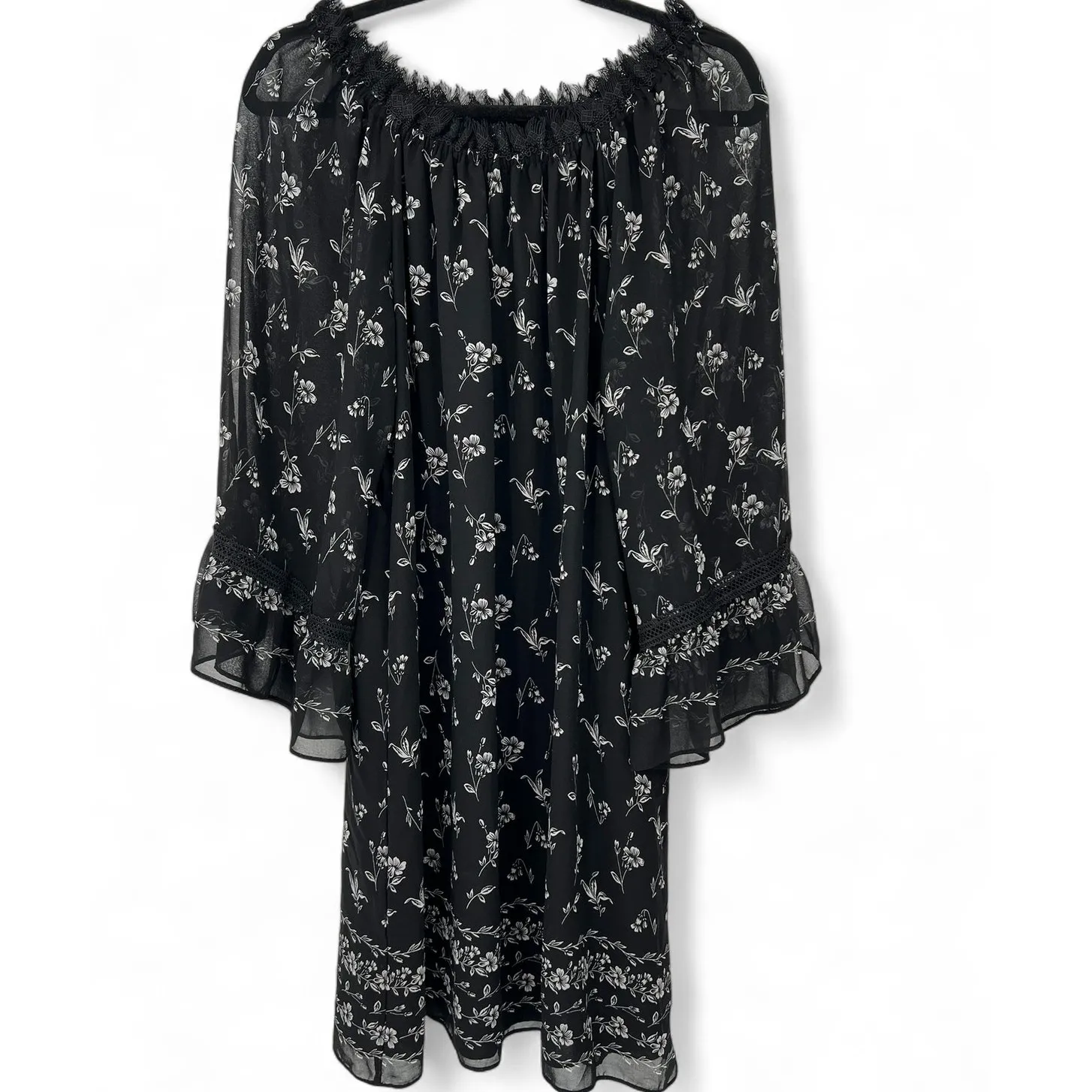 Max Studio  L Dress dark floral print off-the-shoulder shift dress Sheer Ruffle - Image 2