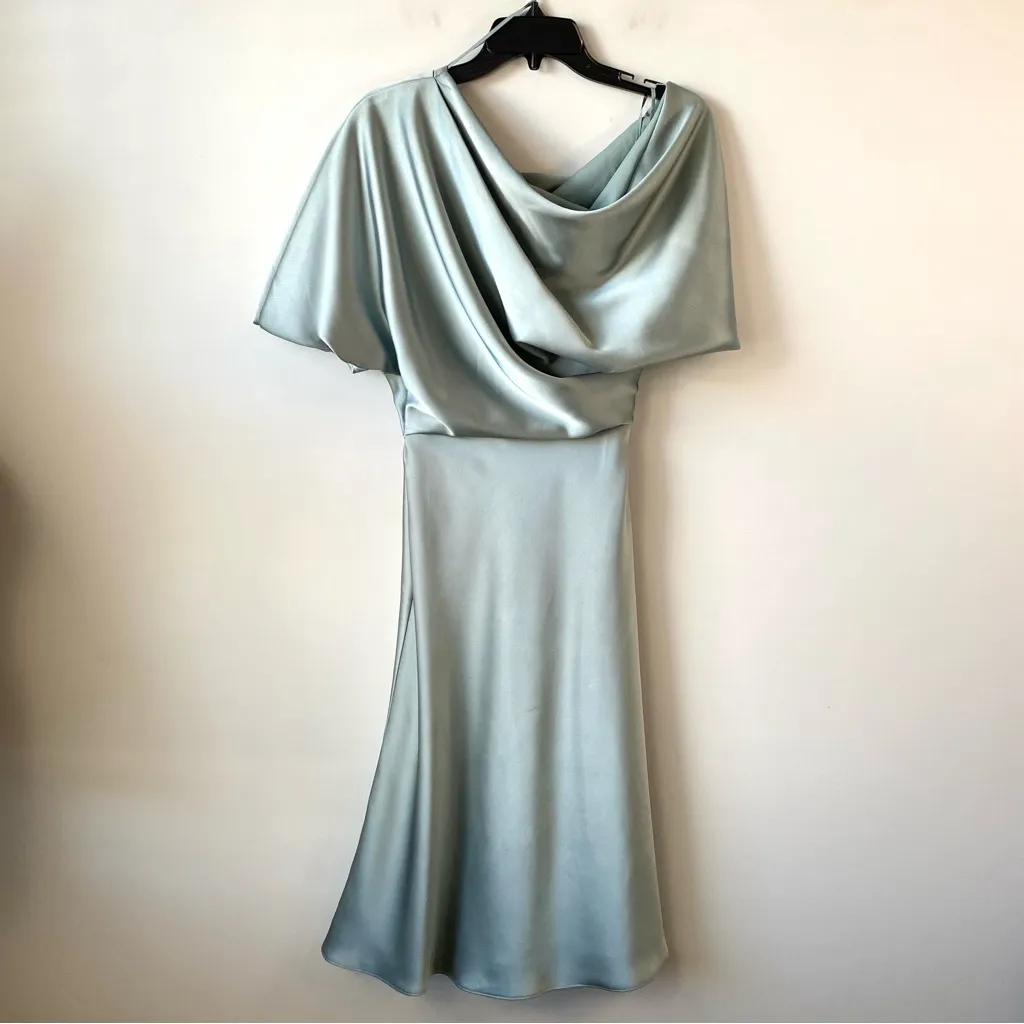 Amsale The Slouch One Shoulder Satin‎ Midi Dress Jade Green 4 - Image 4