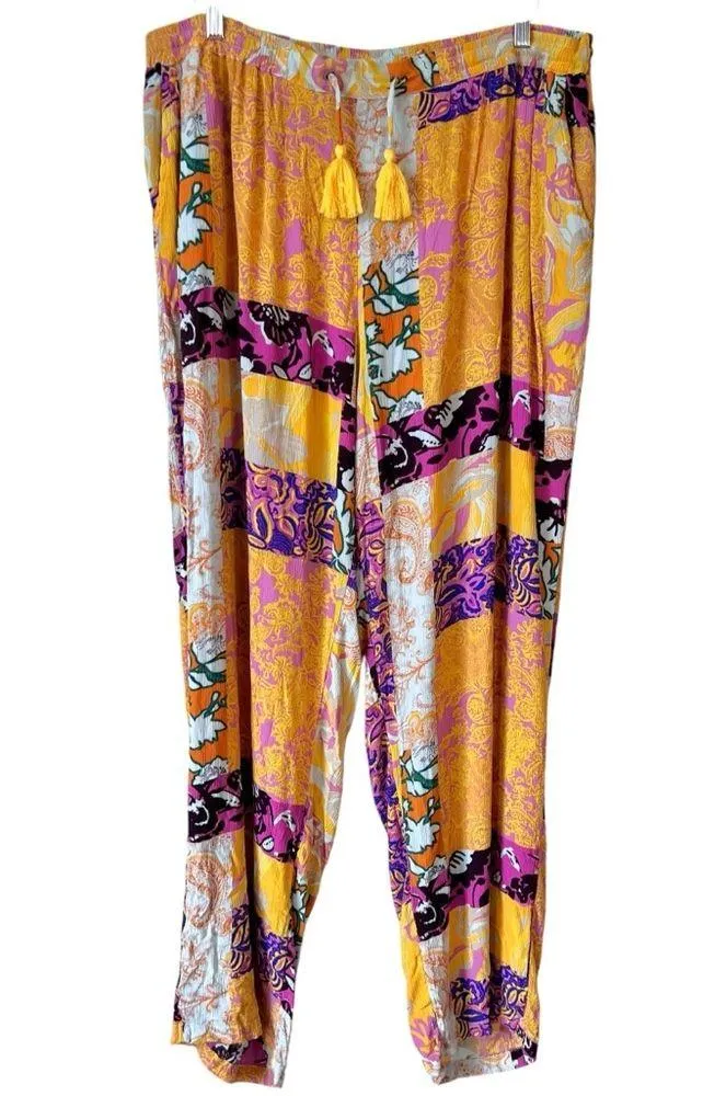 Ulla Popken Patchwork Print Elastic Waist Wide Leg Rose Fit Crepe Pants Yellow Size undefined - Image 10