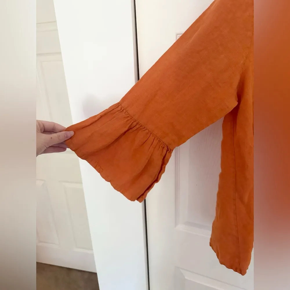 Bryn Walker 100% Linen Fran Bell Sleeve Lagenlook Top Orange Mango Size Small - Image 4