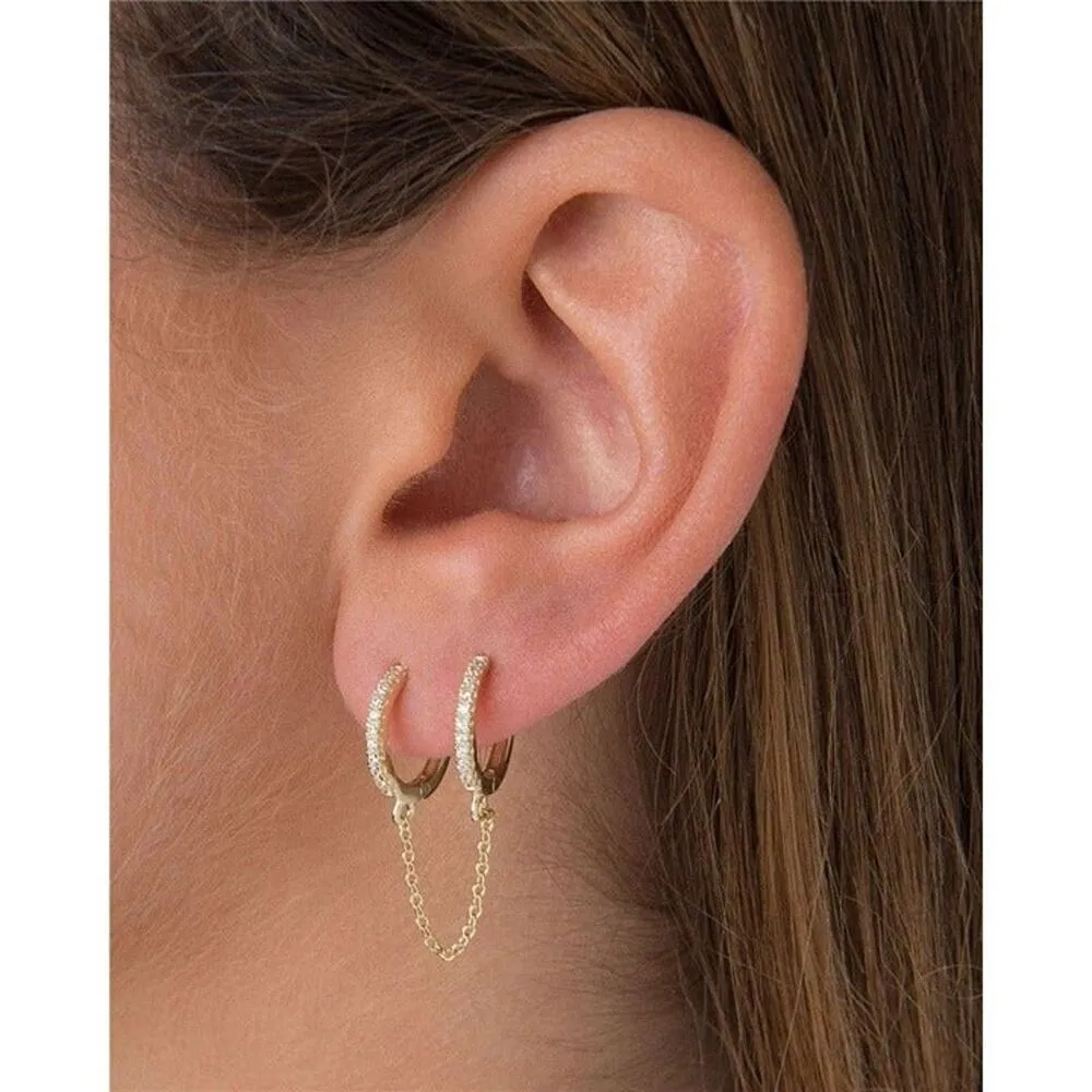 Boho 2 Tiny Double Huggie Hoop Cuffs Tassel Chain Dangle Earrings Gold A0116 - Image 3