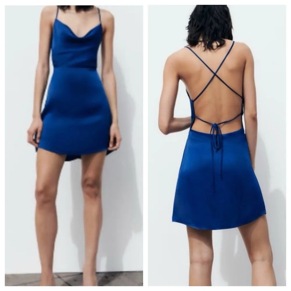 Zara Blue Satin Tie Backless Mini Dress Small - Image 6