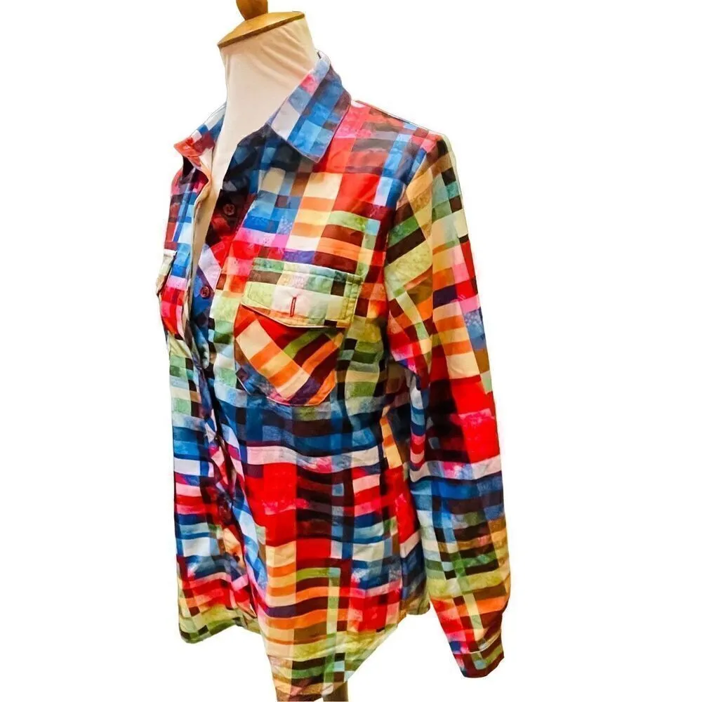 Unbranded Rainbow Checkered Button Down Long Sleeve Shirt Size Medium Red - Image 8