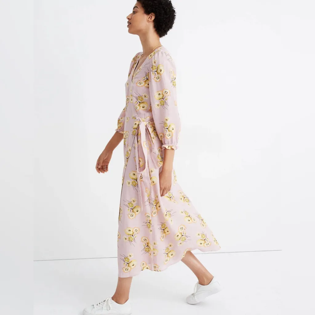 Madewell Petite Linen-Blend Ruffle-Cuff Wrap Dress in Dutch Dandelions‎ size XL - Image 3