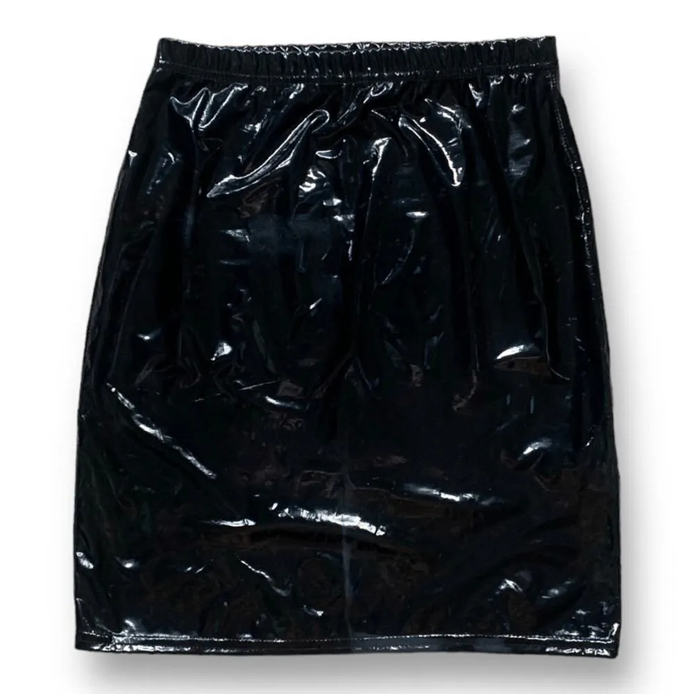 PrettyLittleThing Black Patent Vinyl Pencil Mini Skirt Size 4 Elastic Waistband - Image 2