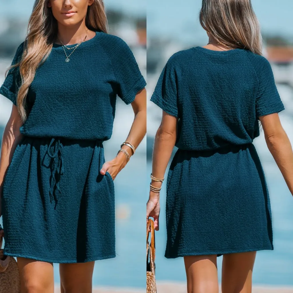 Cupshe Blue Crinkle Dolman Drawstring Dress‎ Cover Up LARGE Travel Casual NWT - Image 2