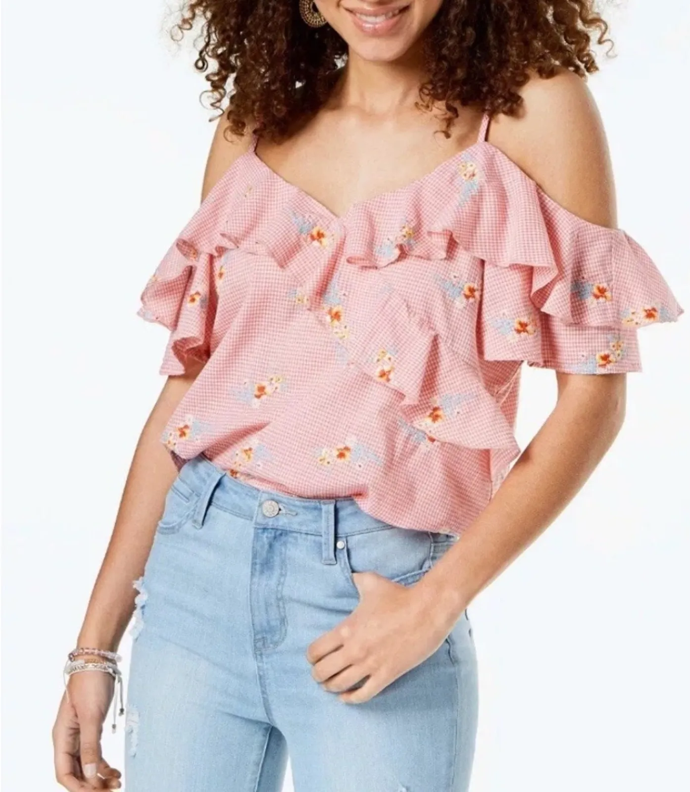 Gypsies & moondust Cold Shoulder Ruffle Gingham Floral Print Top Small - Image 1