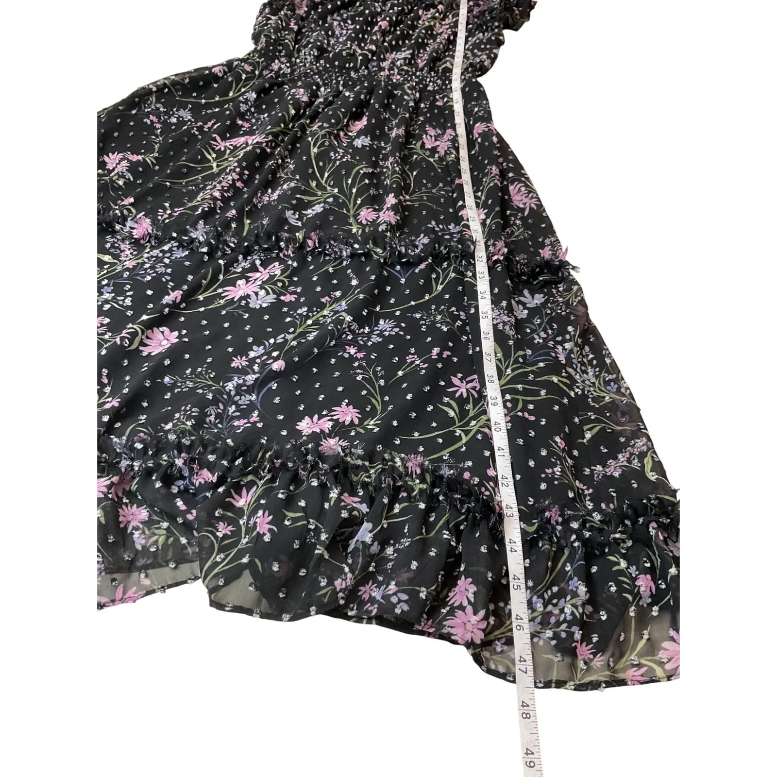 CeCe Black Floral Flutter Sleeve Smocked Waist Midi Dress Women's M - Image 8