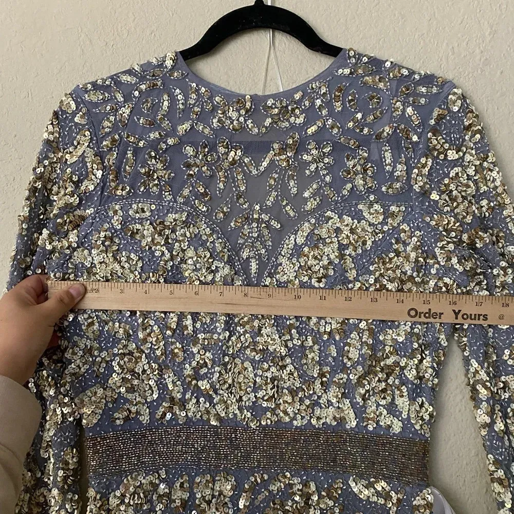 Mac Duggal Beaded Waist Long Sleeve Beaded Illusion Gown in Platinum/Gold Size 6 - Image 12