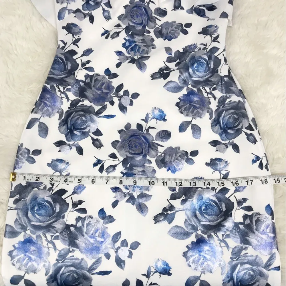 ELIZA J Blue Floral Print One Shoulder Sheath Dress Metallic Ruffle Size 6 New‎ - Image 13