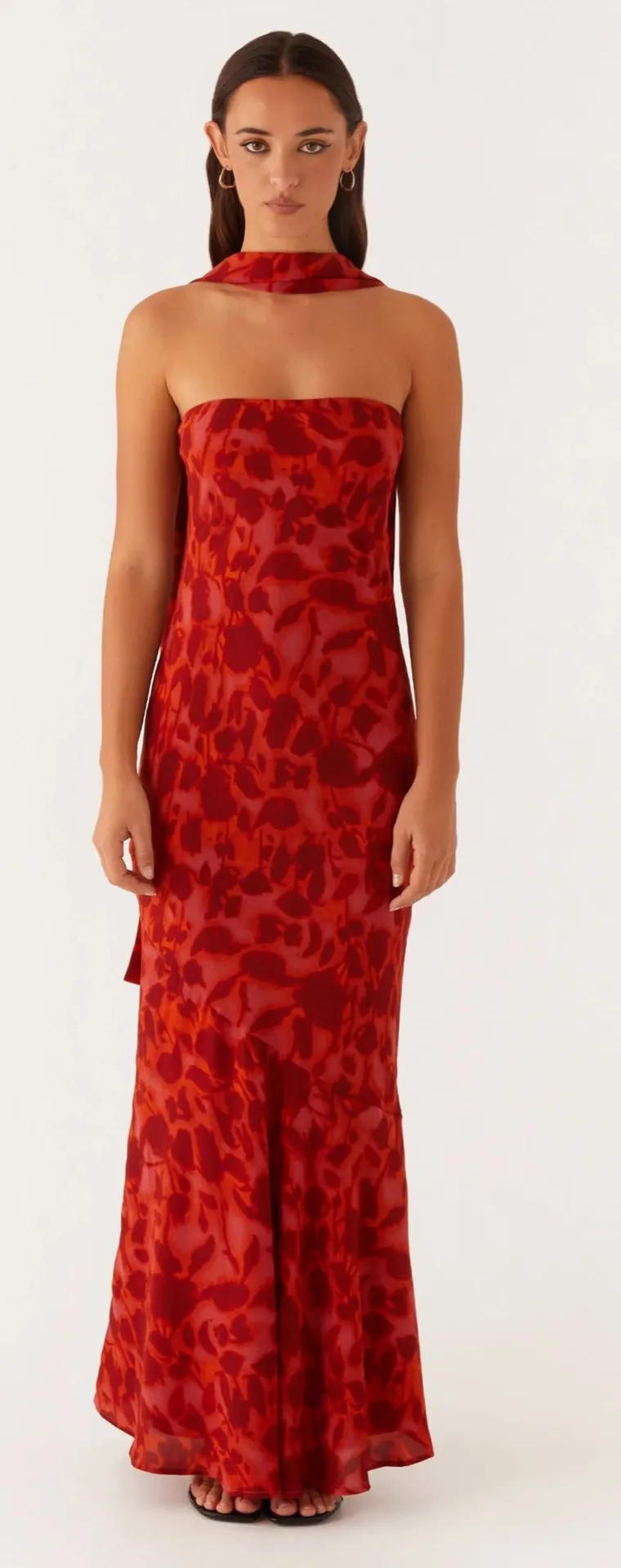 Peppermayo Red Floral Strapless Dress with Neck Scarf - Image 5