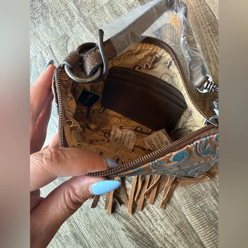 Justin Convertible Bag‎ Wristlet Brown Blue Embossed Leather Fringe Western NWT - Image 4