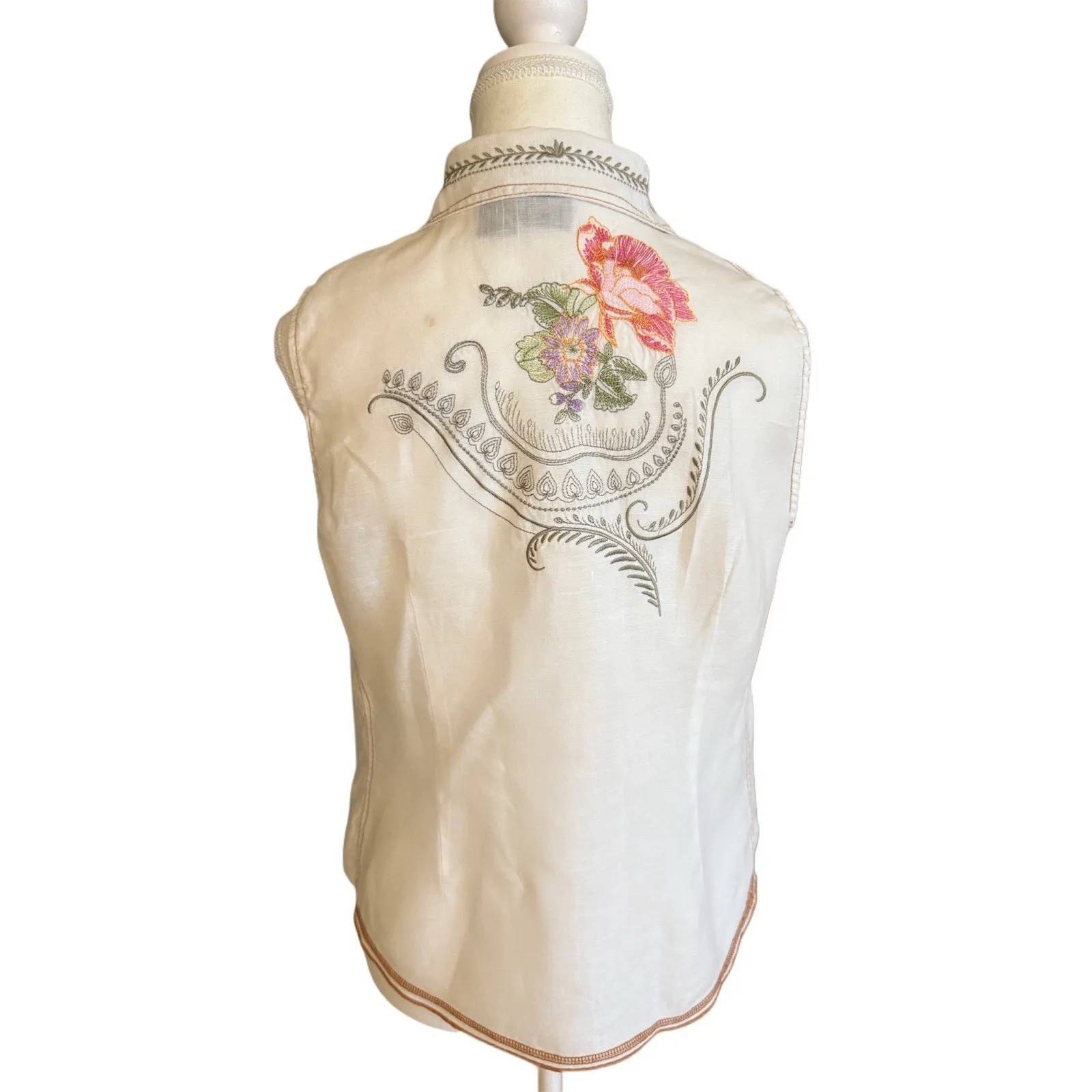 Saint Tropez West Women's LINEN Sleeveless Top/Heavily Embroidered Floral‎ Sz M - Image 3