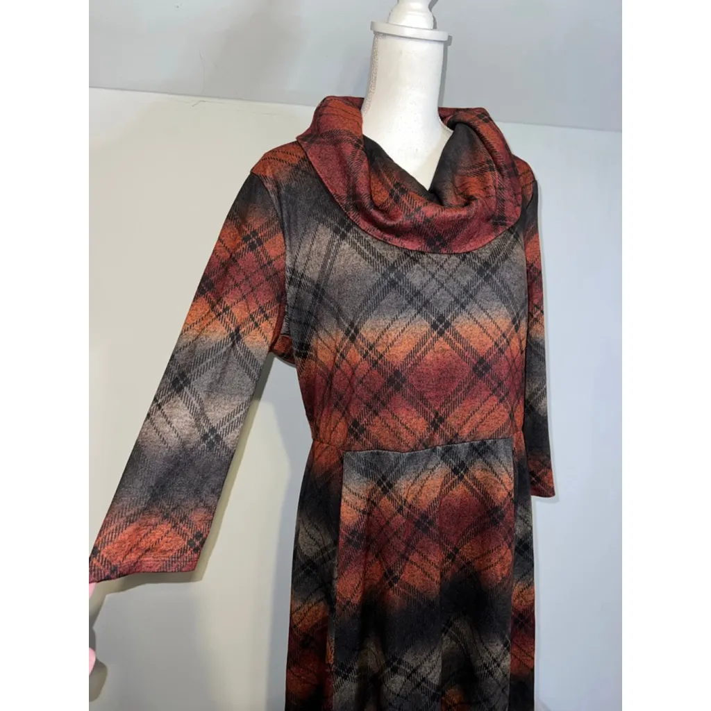 Women's ROBBIE BEE Plaid Long Sleeve Dress XL Brown Orange - Image 2