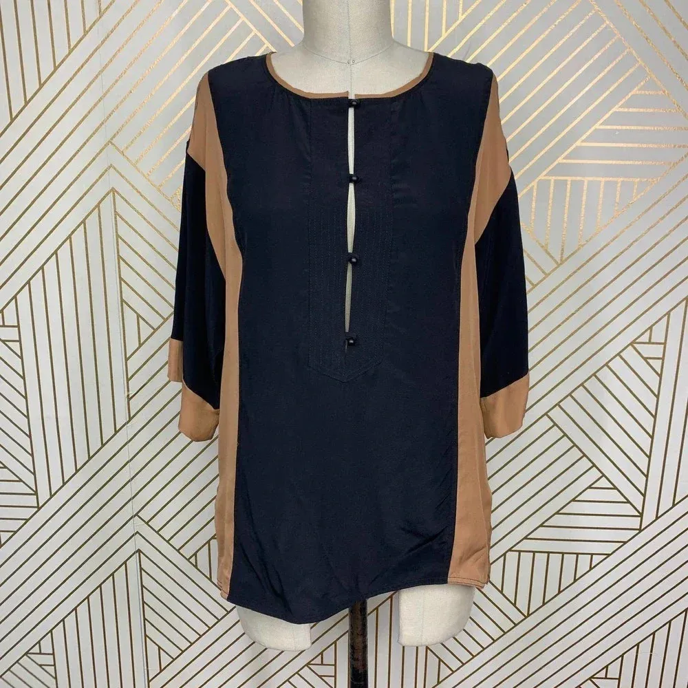 ALC A.L.C‎ Jill Blouse Top Shirt Keyhole Silk Colorblock Black Tan Size US XS - Image 3