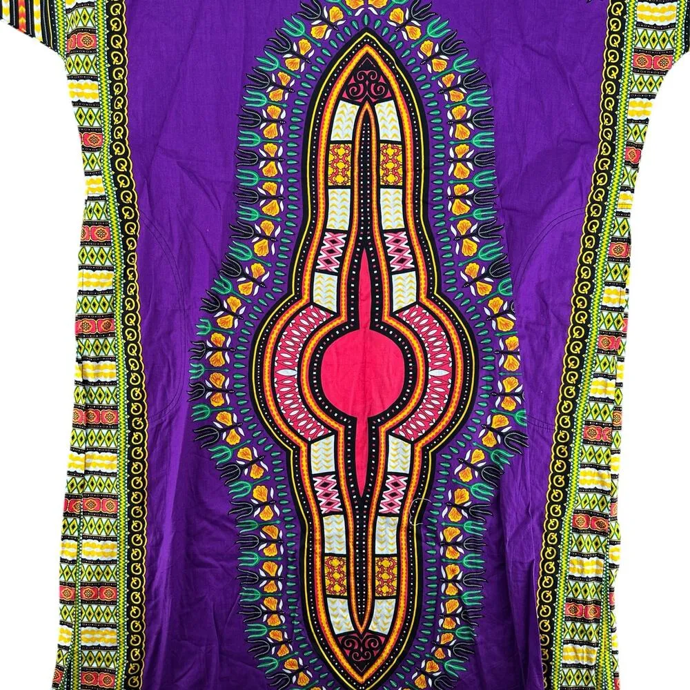 Purple Dashiki Maxi Dress Traditional African Tunic Vibrant Print Cotton NWT Size L - Image 3