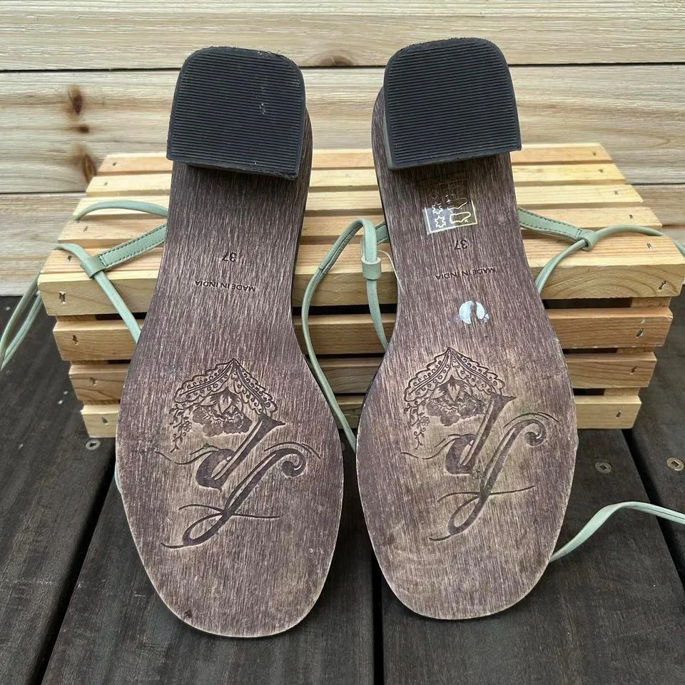 Soft Sage Green Leather Free People Gladiator Sandals w/ Block Heel - Image 6