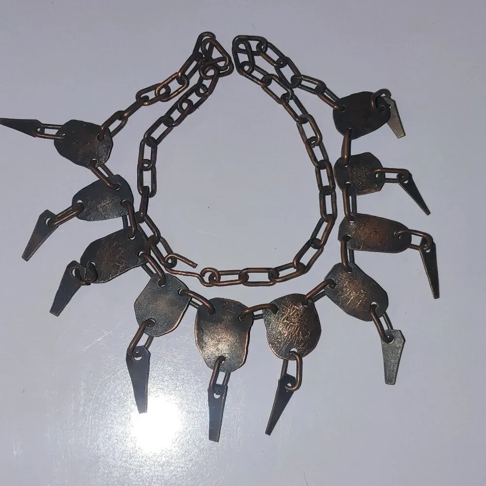 Vintage Brass Bib Necklace Etched Abstract Adjustable Chain Tribal Statement - Image 6