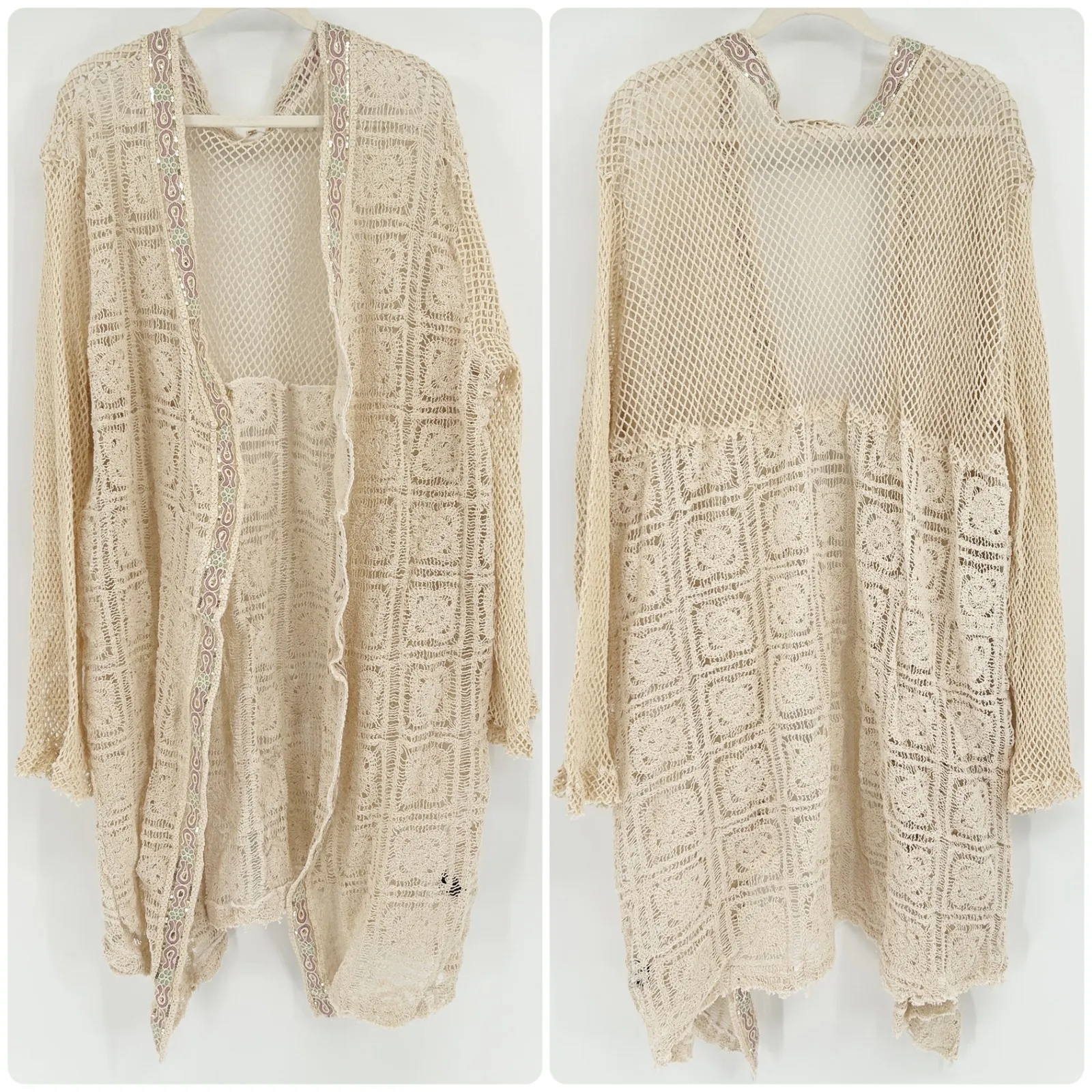 POL Womens Boho Crochet Sequin Embellished Duster Cardigan Beach Cover Up Size L - Image 3