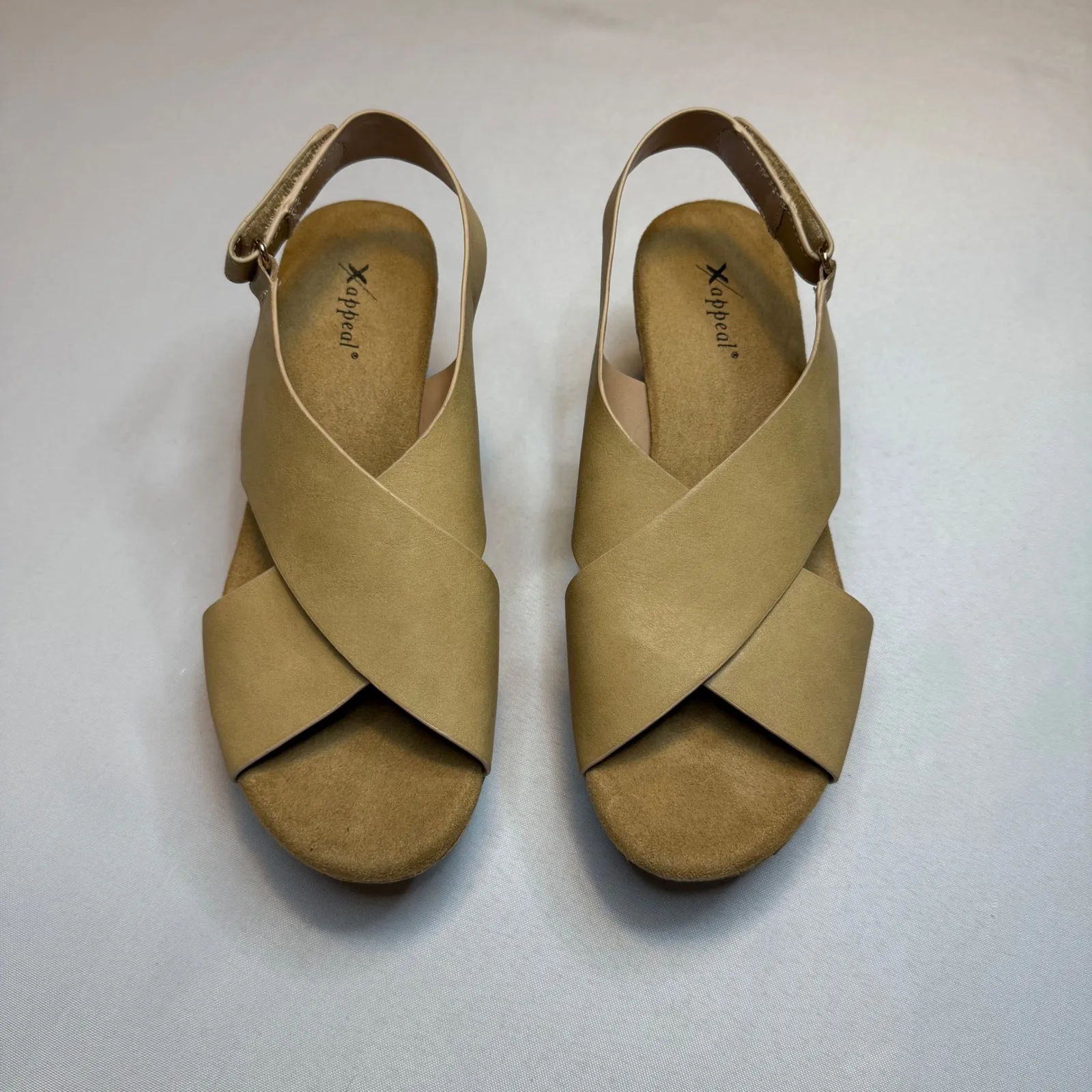 X Appeal NEW Womens Tan Cross Strap Cork Wedge Sandals Ankle Strap Size 8.5 - Image 2