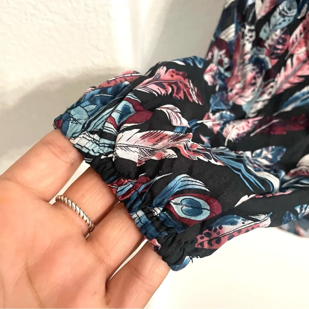 Talbots Womens Shirt Blouse Black Smocked Feather Popover Cotton Size Large - Image 8