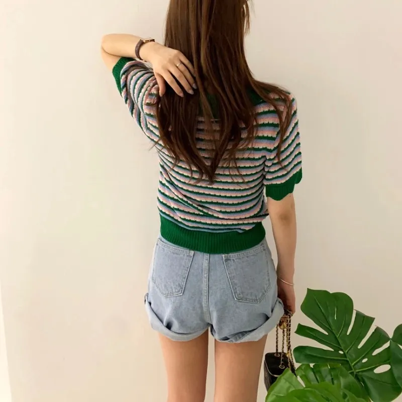 NWOT Loose Knit Green & Pink Stripped Sweater With White Flower Buttons Size M Size M - Image 2