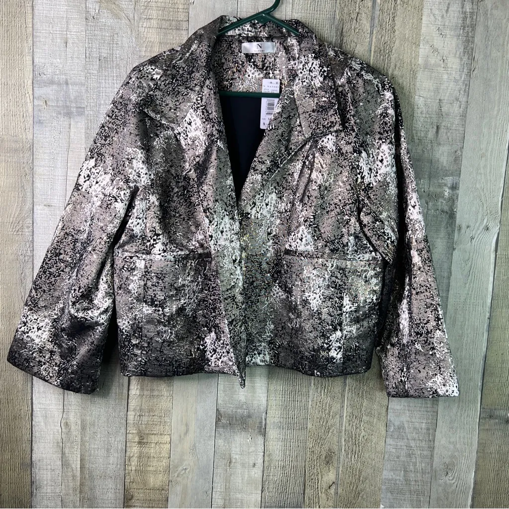 Natori Size Medium Gold Metallic Silver Black Lined Open Front Jacket Cardigan - Image 2