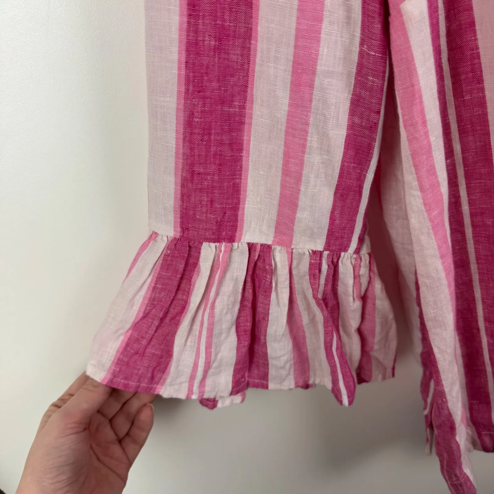Charter Club 100% Linen Striped Top Large Pink Ruffle Cuff Preppy Coastal Beachy - Image 2
