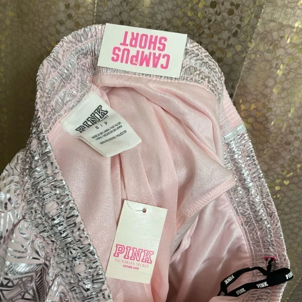 PINK Victorias Secret Silver Pink Sequin Bling Campus Running Shorts, S NWT - Image 6