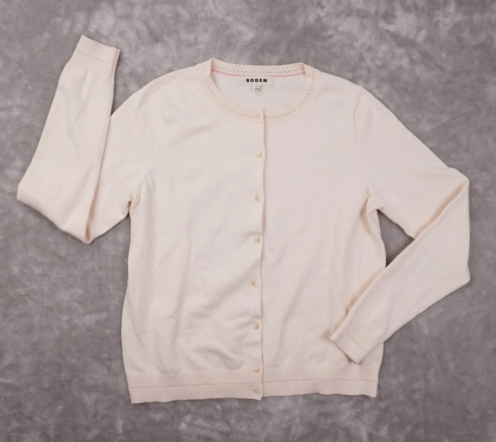 Boden Button Up Cardigan Women's Medium Ivory Long Sleeve Crochet Trim Preppy - Image 1