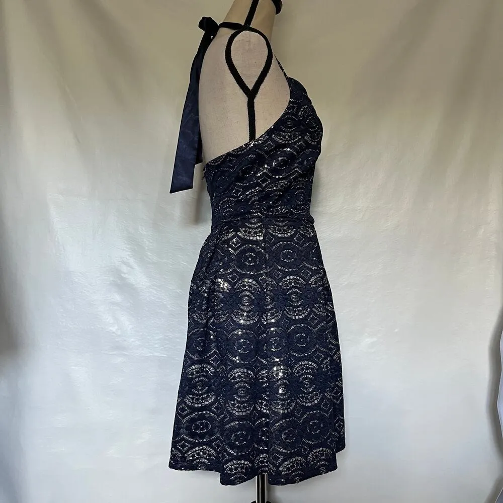 B.DARLIN Halter Lace Dress Size 5/6 Blue Fairy Grunge Whimsigoth Tie Shiny Full - Image 5