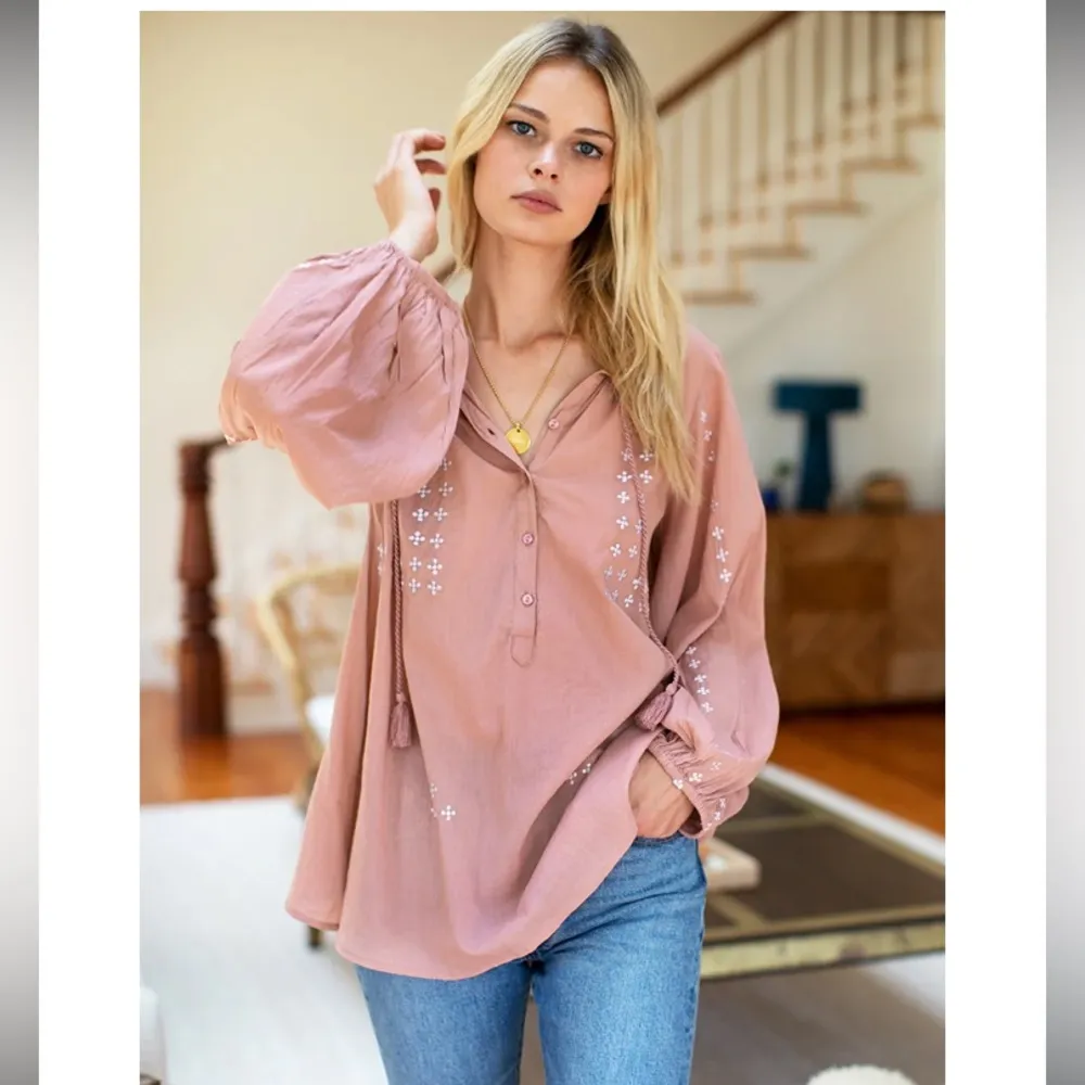 Emerson Fry India Collection Bardot boho sheer rose embroidered top. Size XS Pink - Image 3