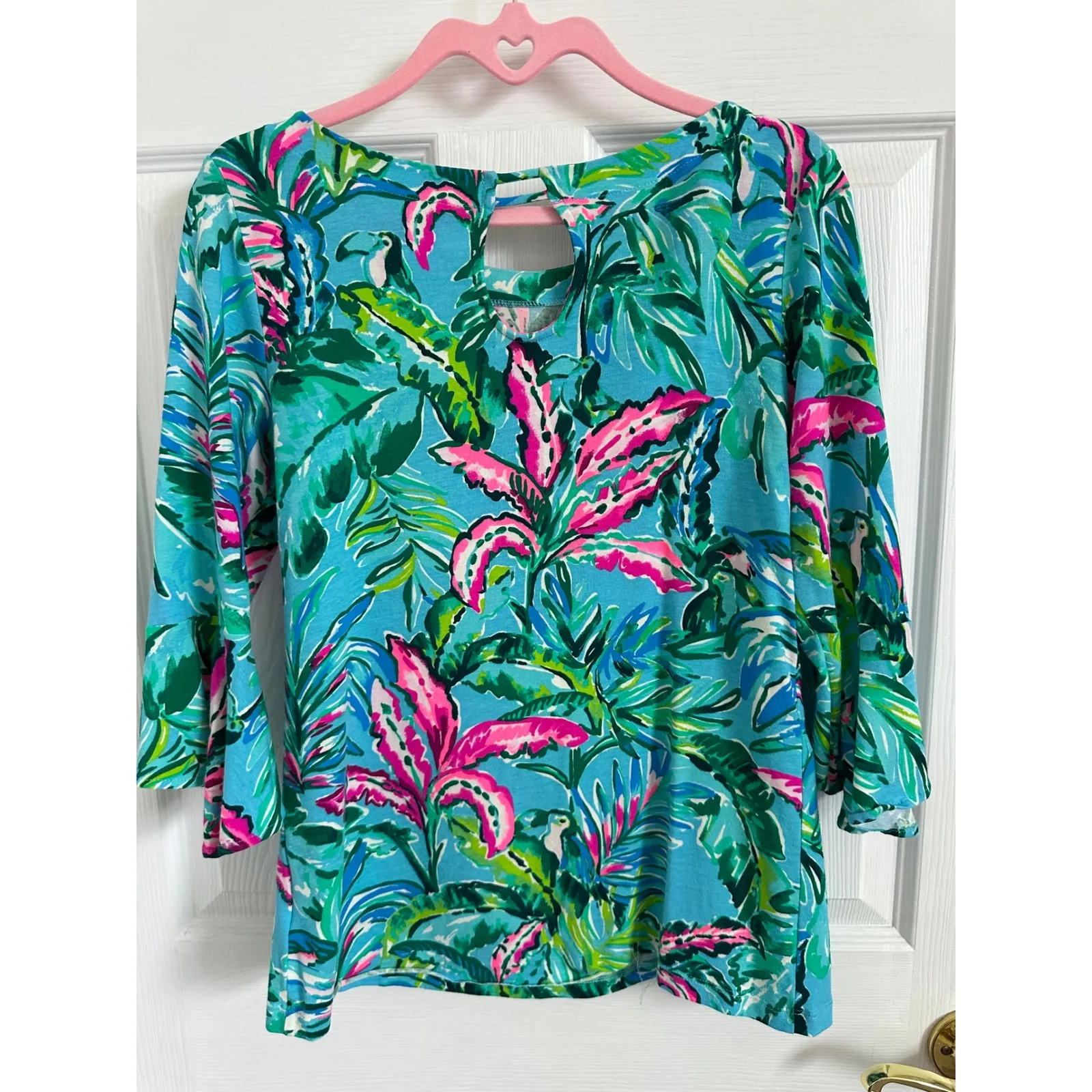Lilly Pulitzer Boat‎ Neck Top 3/4 Sleeve Tropical Print Keyhole Back S - Image 3