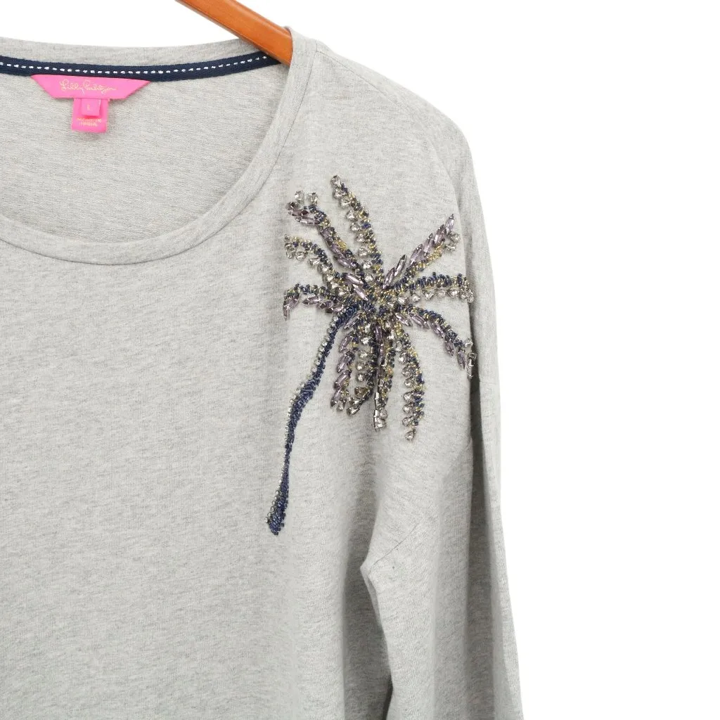 Lilly Pulitzer Embellished Palm Tree Tippie Sweatshirt Heathered Gray Top L - Image 5