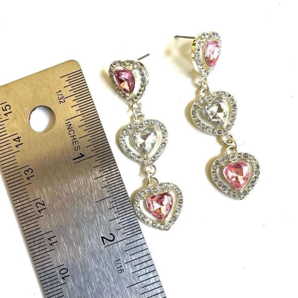 Pink rhinestone heart drop post earrings - Image 6